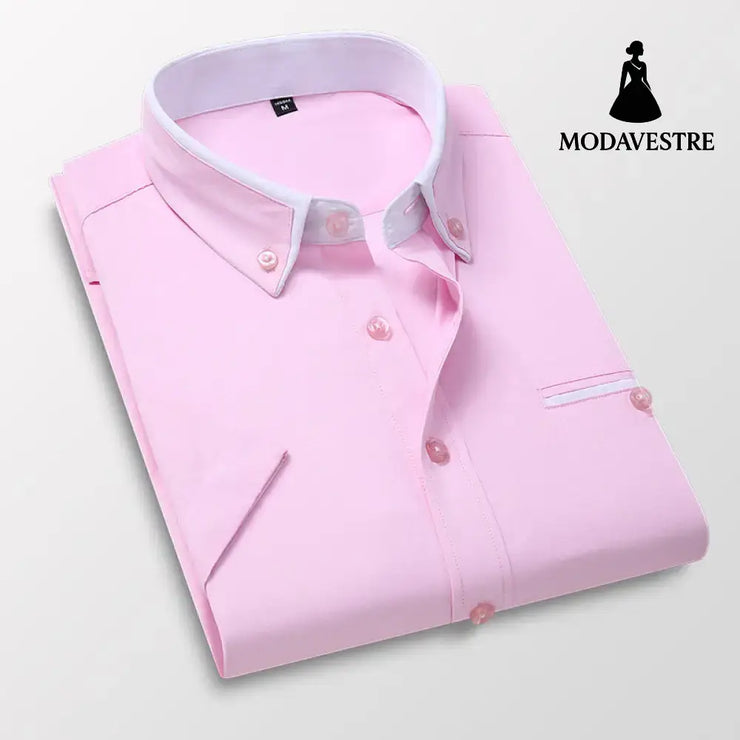 Short-sleeved Short Sleeve Men Clothing Shirt Slim-fitting Iron-free Casual Pink / 2XL Shirt