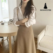 Simple Foundation Long Sleeve Shirt High Waist And All Over Body Skirt Suit Women