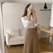 Simple Foundation Long Sleeve Shirt High Waist And All Over Body Skirt Suit Women