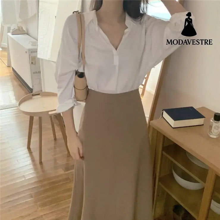 Simple Foundation Long Sleeve Shirt High Waist And All Over Body Skirt Suit Women