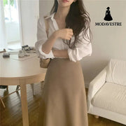 Simple Foundation Long Sleeve Shirt High Waist And All Over Body Skirt Suit Women Skirt / One size
