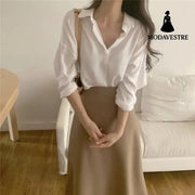Simple Foundation Long Sleeve Shirt High Waist And All Over Body Skirt Suit Women Top / One size