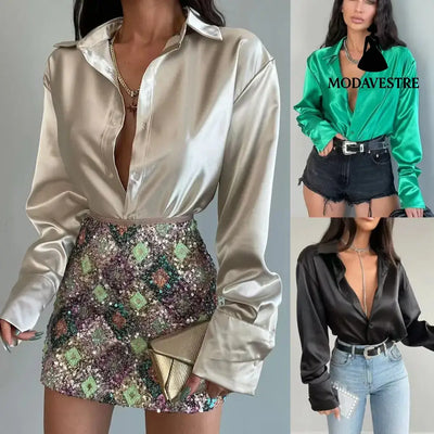 Single-breasted Long Sleeve Lapel Shirt Sexy Women Clothing