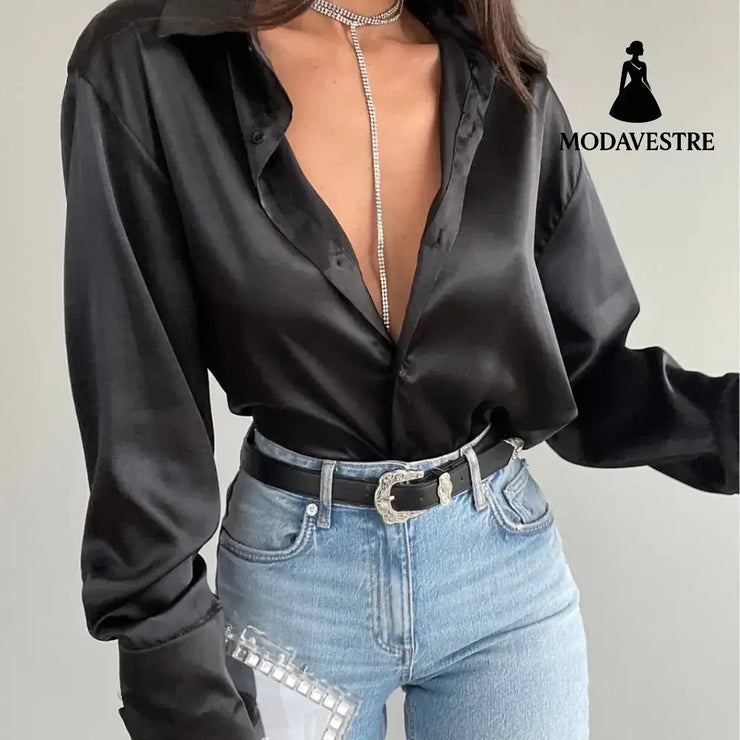 Single-breasted Long Sleeve Lapel Shirt Sexy Women Clothing