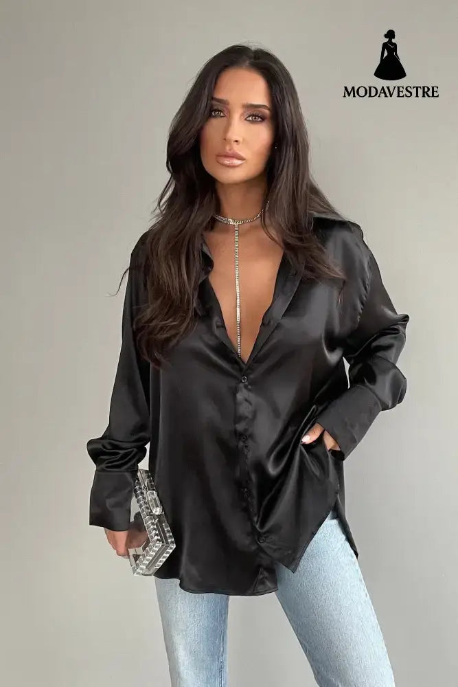 Single-breasted Long Sleeve Lapel Shirt Sexy Women Clothing Black / L
