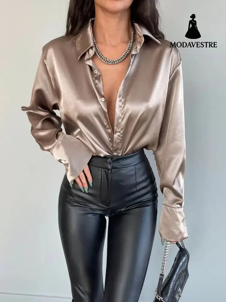 Single-breasted Long Sleeve Lapel Shirt Sexy Women Clothing Brown / L