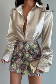 Single-breasted Long Sleeve Lapel Shirt Sexy Women Clothing Cement Gray / L