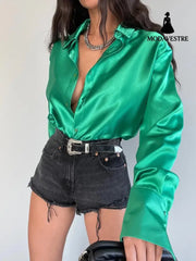 Single-breasted Long Sleeve Lapel Shirt Sexy Women Clothing Green / L