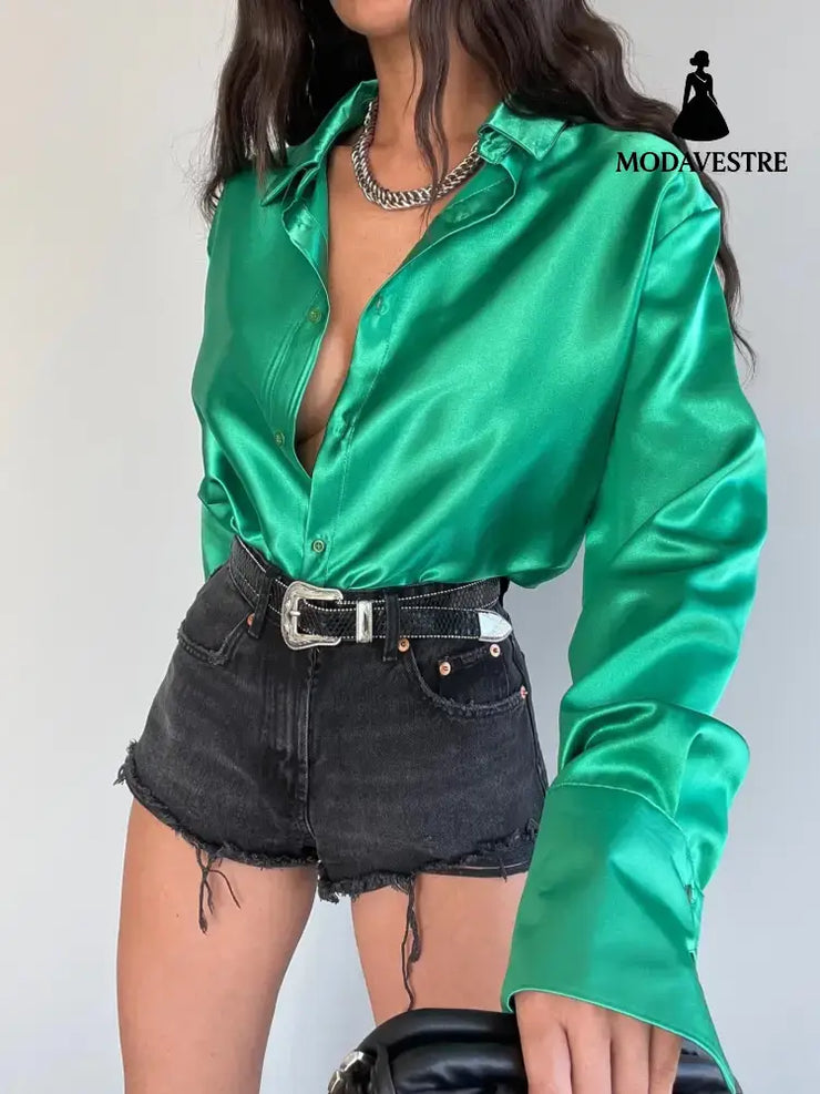 Single-breasted Long Sleeve Lapel Shirt Sexy Women Clothing Green / L