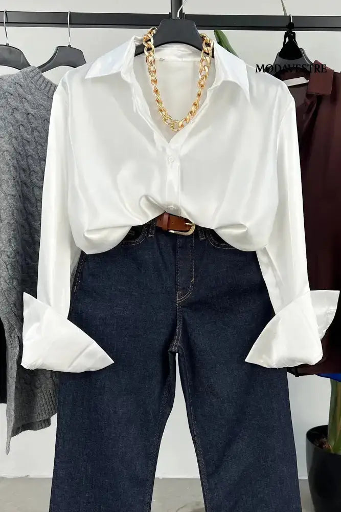 Single-breasted Long Sleeve Lapel Shirt Sexy Women Clothing White / L