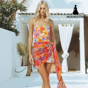 Sleeveless Printed Short Skirt Beach Skirt Dress Skirt Orange / L