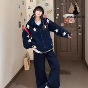 Slim And Loose Korean Lazy Knit Cardigan Navy Blue / Free Size Knitted Products