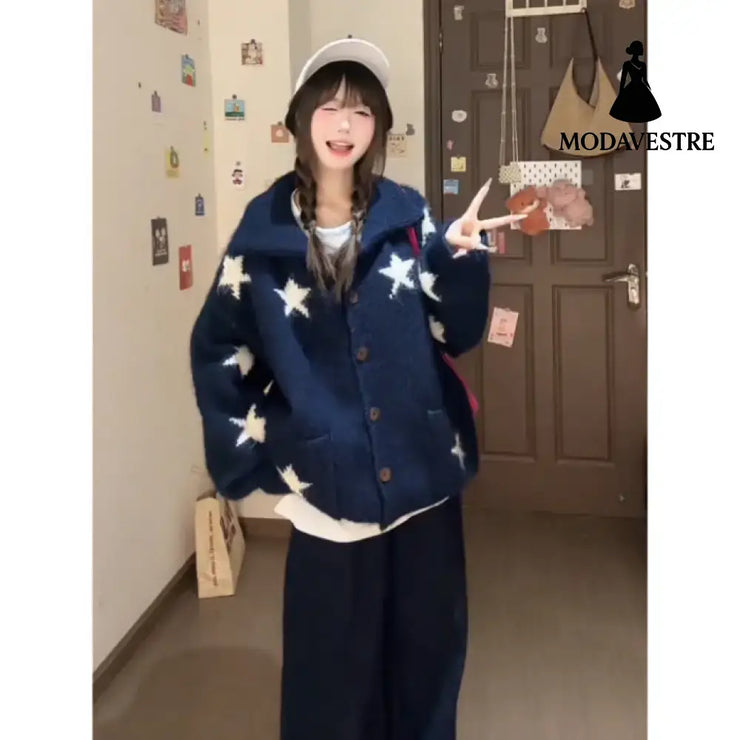 Slim And Loose Korean Lazy Knit Cardigan Navy Blue / Free Size Knitted Products