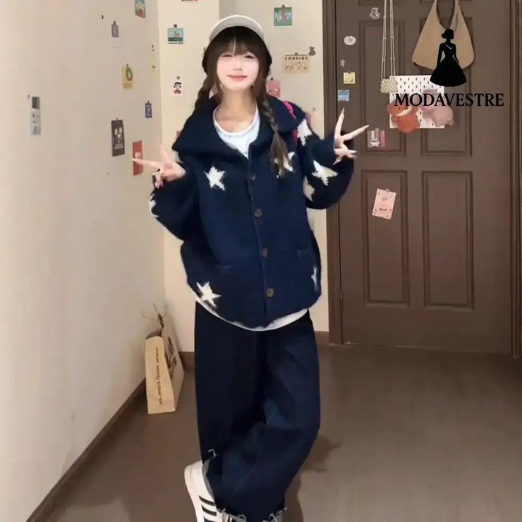 Slim And Loose Korean Lazy Knit Cardigan Navy Blue / Free Size Knitted Products