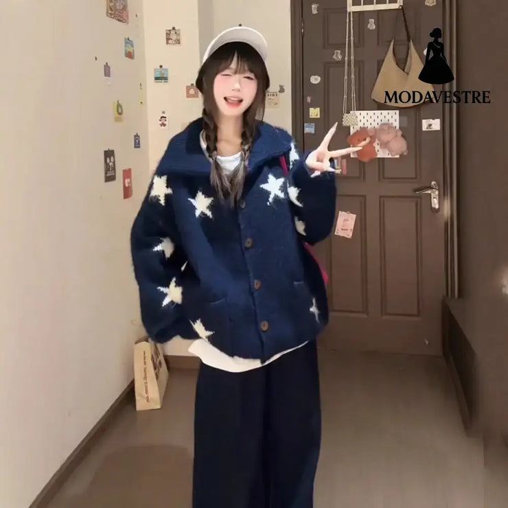 Slim And Loose Korean Lazy Knit Cardigan Navy Blue / Free Size Knitted Products