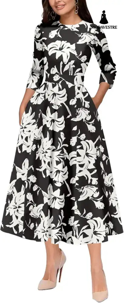 Slim Fit Waist Retro Printed Dress Women With Pockets 1 Flower / L Women’s Clothing