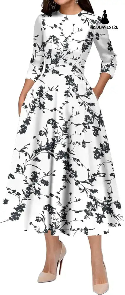 Slim Fit Waist Retro Printed Dress Women With Pockets 2 Flowers / L Women’s Clothing