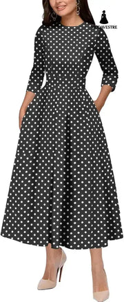 Slim Fit Waist Retro Printed Dress Women With Pockets 4 Flowers / L Women’s Clothing