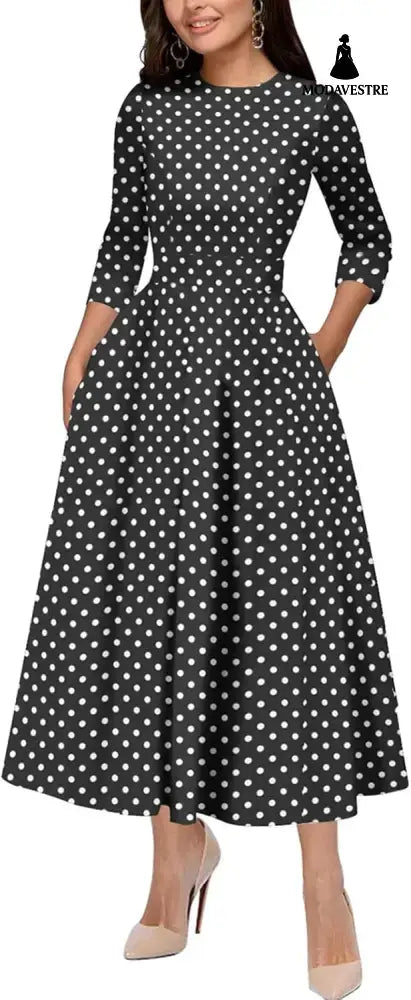 Slim Fit Waist Retro Printed Dress Women With Pockets 4 Flowers / L Women’s Clothing