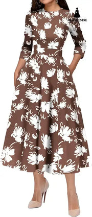 Slim Fit Waist Retro Printed Dress Women With Pockets 5 Flowers / L Women’s Clothing