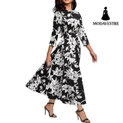Slim Fit Waist Retro Printed Dress Women With Pockets Women’s Clothing