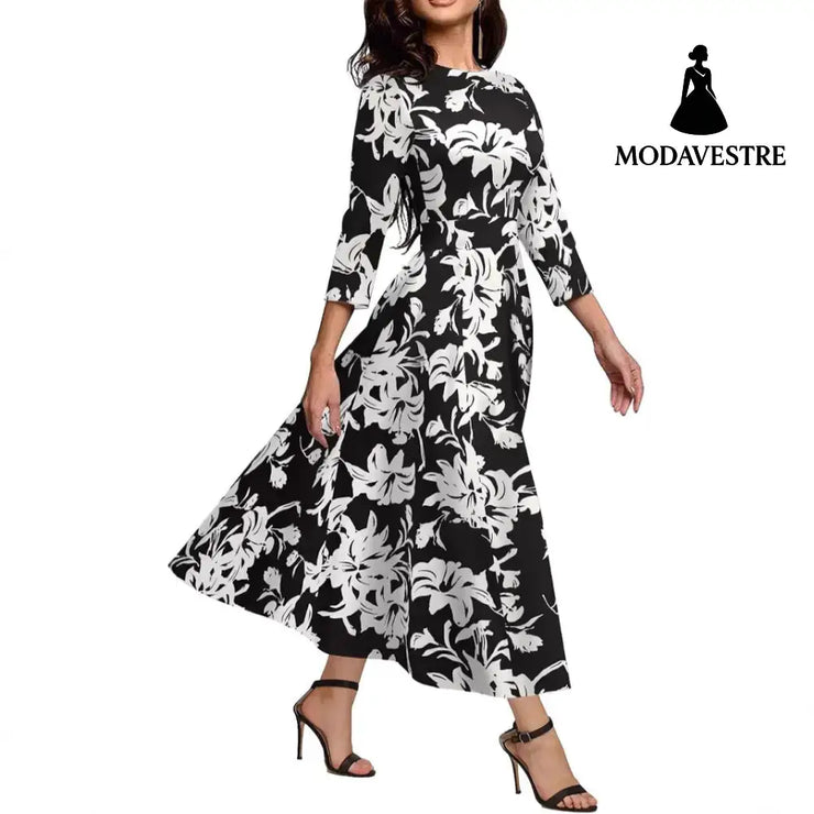 Slim Fit Waist Retro Printed Dress Women With Pockets Women’s Clothing