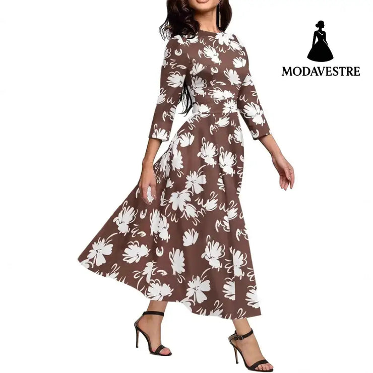 Slim Fit Waist Retro Printed Dress Women With Pockets Women’s Clothing