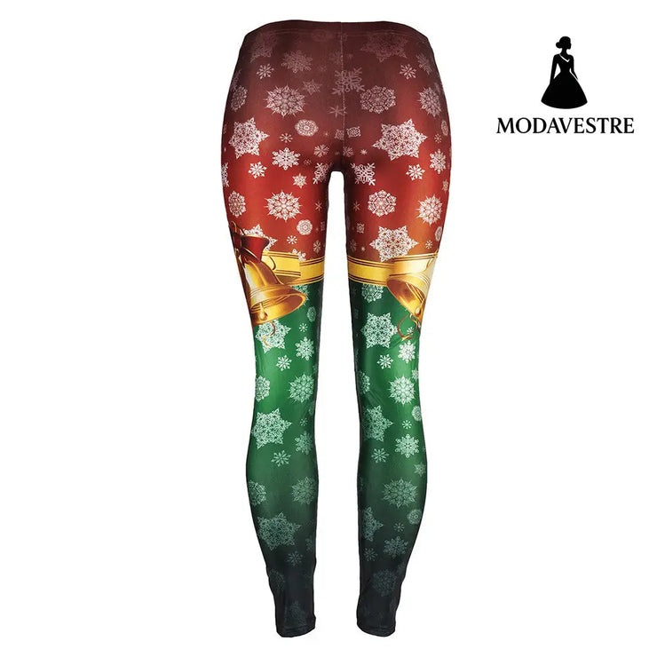 Snowflake Leggings Women Plus Size Leggins Christmas Bell Bowknot Festival Fitness Legging - MODAVESTRE