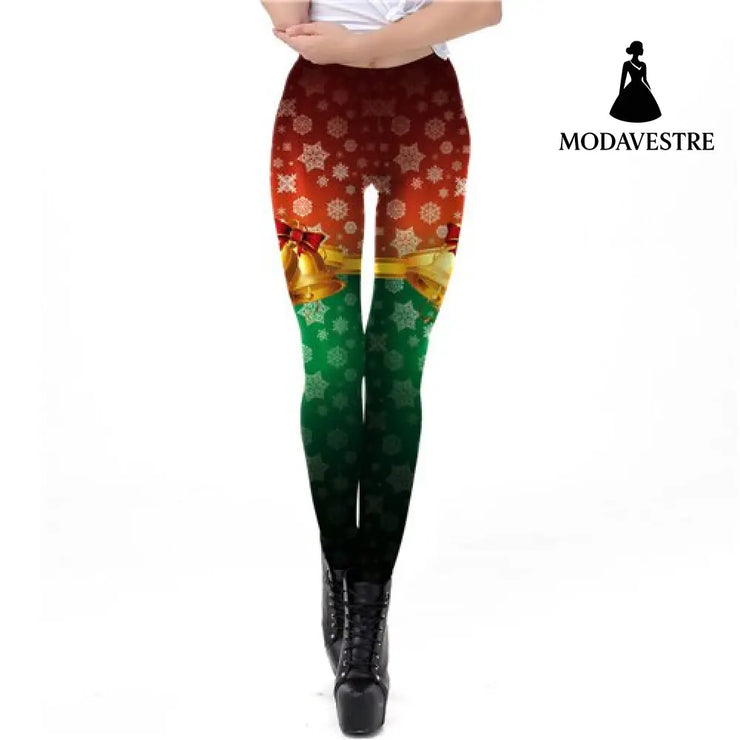 Snowflake Leggings Women Plus Size Leggins Christmas Bell Bowknot Festival Fitness Legging - MODAVESTRE