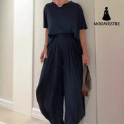 Solid Color Casual Loose Round Neck Wide Leg Pants Women’s Suit Dark Blue / 2XL Trousers