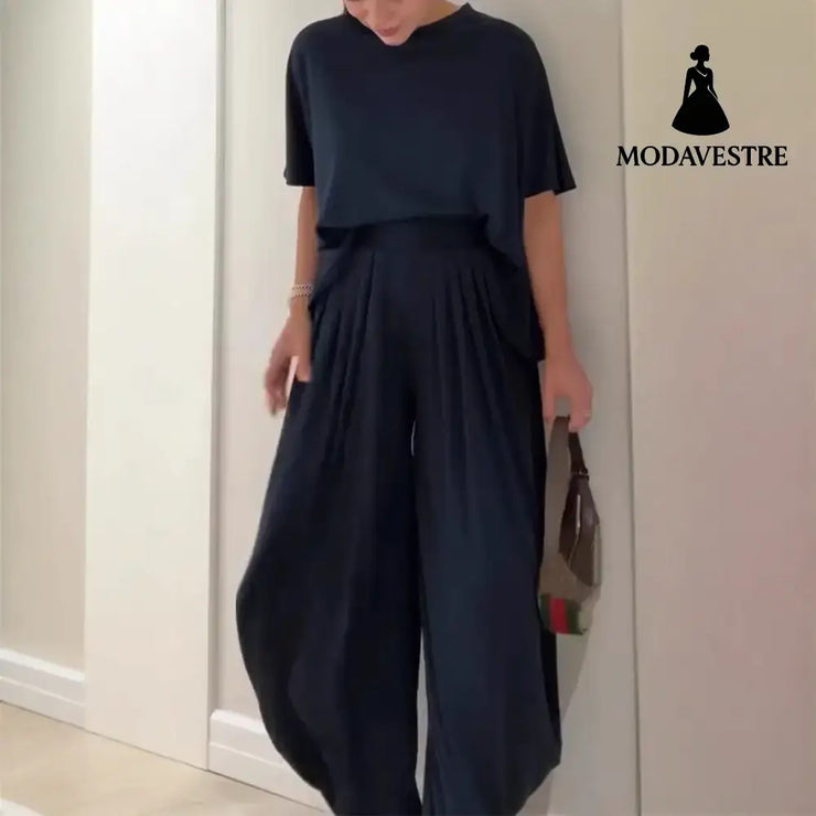 Solid Color Casual Loose Round Neck Wide Leg Pants Women’s Suit Dark Blue / 2XL Trousers