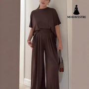 Solid Color Casual Loose Round Neck Wide Leg Pants Women’s Suit Dark Brown / 2XL Trousers