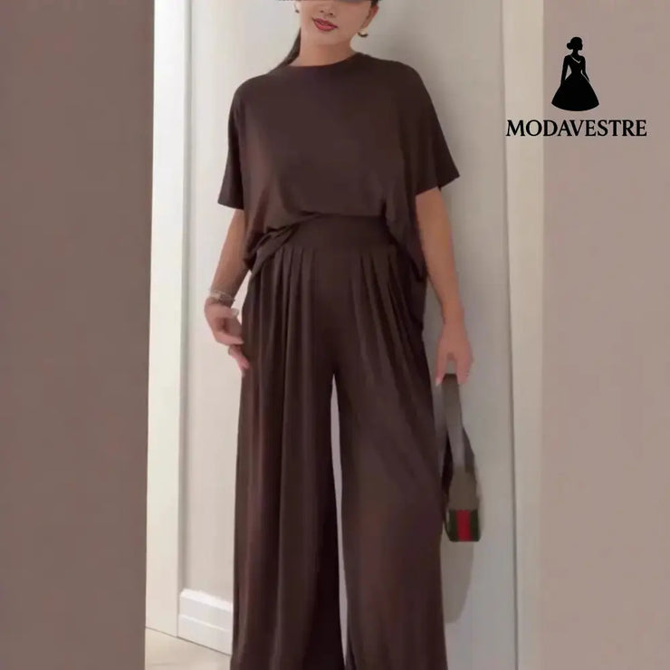 Solid Color Casual Loose Round Neck Wide Leg Pants Women’s Suit Dark Brown / 2XL Trousers