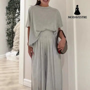 Solid Color Casual Loose Round Neck Wide Leg Pants Women’s Suit Light Gray / 2XL Trousers
