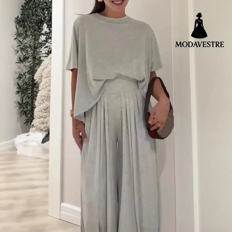 Solid Color Casual Loose Round Neck Wide Leg Pants Women’s Suit Light Gray / 2XL Trousers