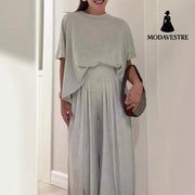 Solid Color Casual Loose Round Neck Wide Leg Pants Women’s Suit Trousers