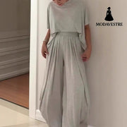 Solid Color Casual Loose Round Neck Wide Leg Pants Women’s Suit Trousers