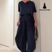 Solid Color Casual Loose Round Neck Wide Leg Pants Women’s Suit Trousers