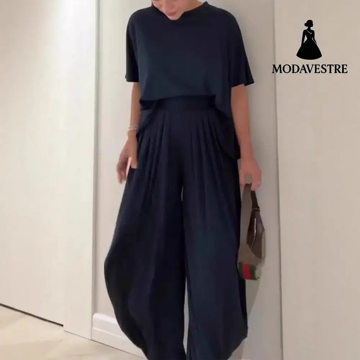 Solid Color Casual Loose Round Neck Wide Leg Pants Women’s Suit Trousers