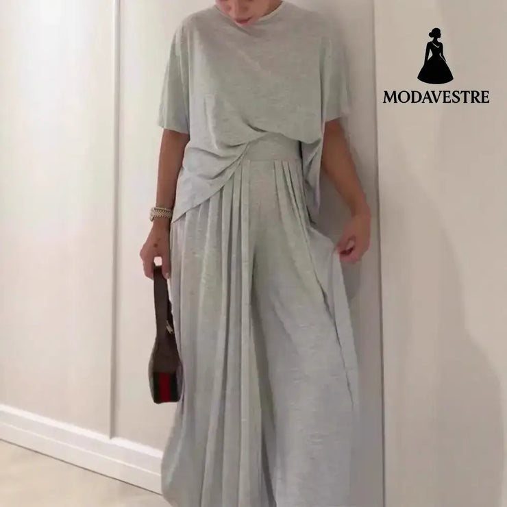 Solid Color Casual Loose Round Neck Wide Leg Pants Women’s Suit Trousers