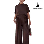 Solid Color Casual Loose Round Neck Wide Leg Pants Women’s Suit Trousers