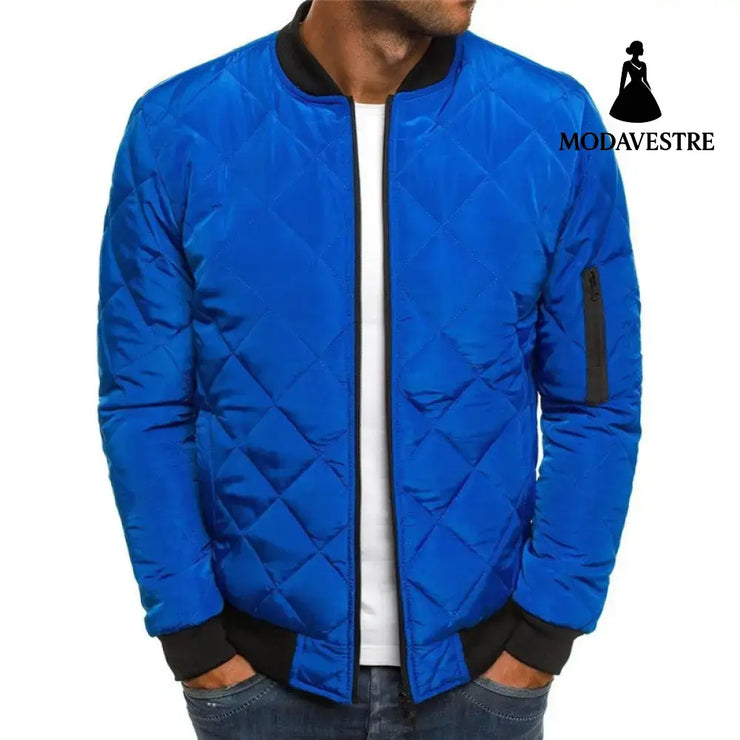 Solid Color Coat Winter Stand Collar Jacket For Men Fashion Rhombus Sewing Design Coat Casual Business Clothing Blue