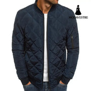 Solid Color Coat Winter Stand Collar Jacket For Men Fashion Rhombus Sewing Design Coat Casual Business Clothing Navy