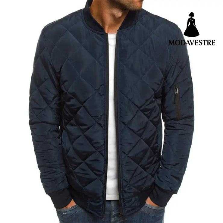 Solid Color Coat Winter Stand Collar Jacket For Men Fashion Rhombus Sewing Design Coat Casual Business Clothing Navy