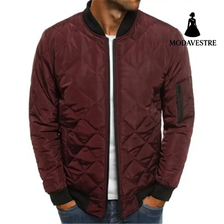 Solid Color Coat Winter Stand Collar Jacket For Men Fashion Rhombus Sewing Design Coat Casual Business Clothing Wine