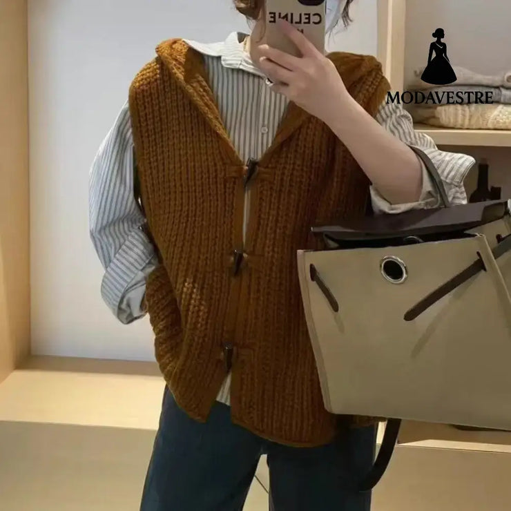 Solid Color Thick Needle Hooded Vest Knitted Cardigan