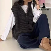 Solid Color Thick Needle Hooded Vest Knitted Cardigan