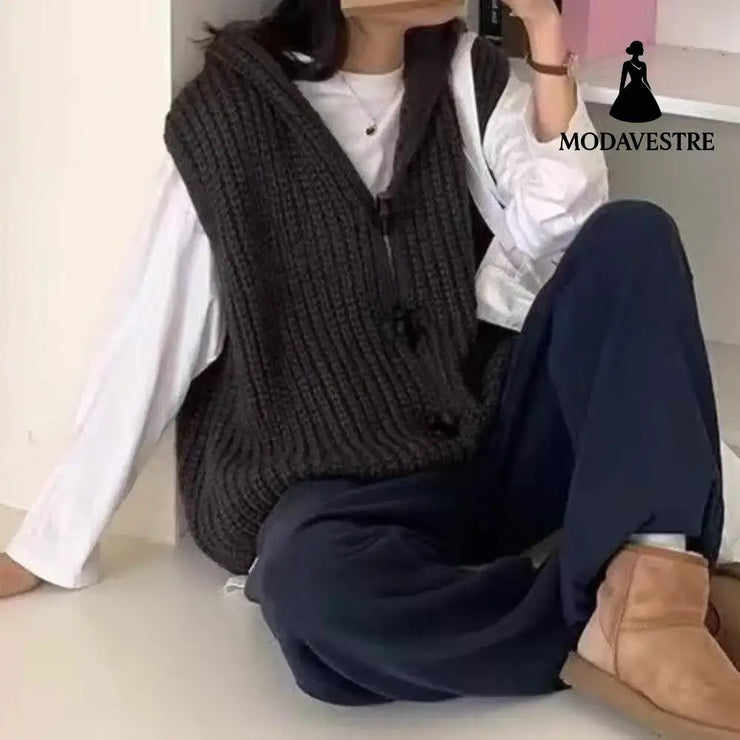 Solid Color Thick Needle Hooded Vest Knitted Cardigan