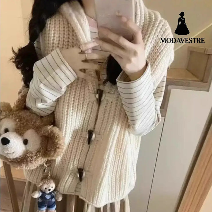 Solid Color Thick Needle Hooded Vest Knitted Cardigan