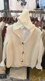 Solid Color Thick Needle Hooded Vest Knitted Cardigan Beige / Average Size